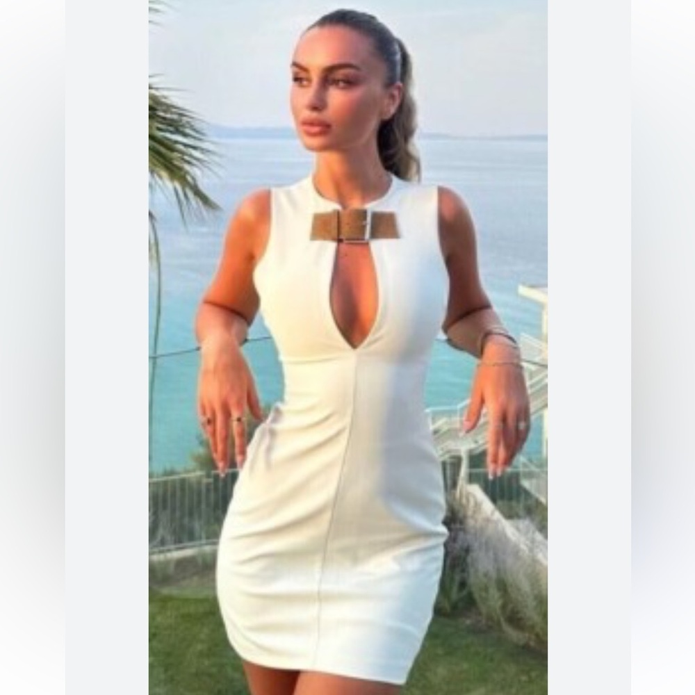 Zara Cream Mini Dress with Brown Buckle Detail